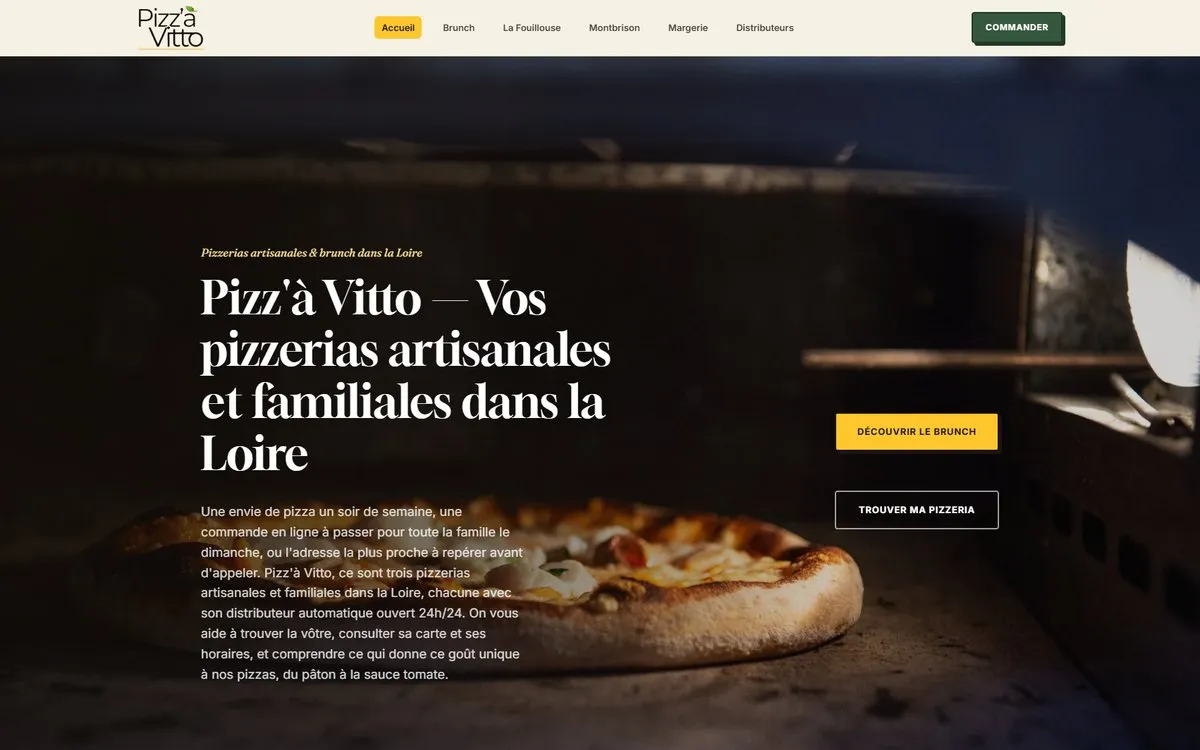 Page d'accueil du site Pizz'à Vitto, pizzerias artisanales dans la Loire